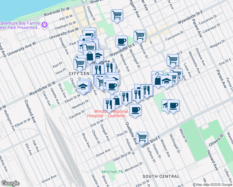 map of restaurants, bars, coffee shops, grocery stores, and more near 920 British Columbia 3B in Windsor