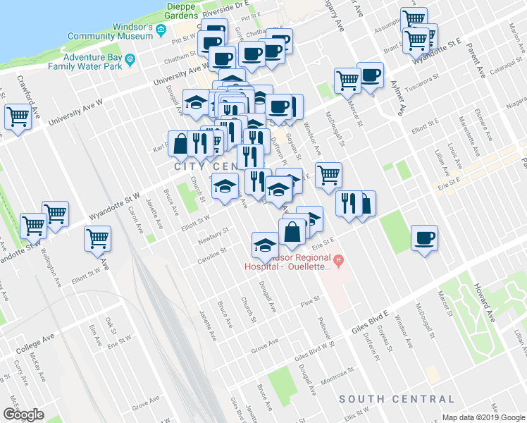 map of restaurants, bars, coffee shops, grocery stores, and more near 837 Pelissier Street in Windsor