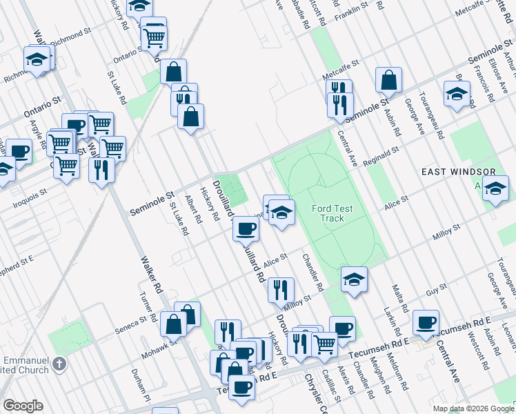 map of restaurants, bars, coffee shops, grocery stores, and more near 1597 Cadillac Street in Windsor