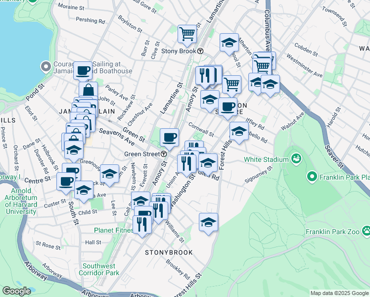 map of restaurants, bars, coffee shops, grocery stores, and more near 112 Brookside Avenue in Boston