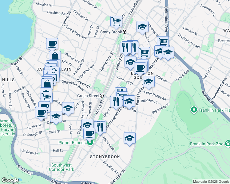map of restaurants, bars, coffee shops, grocery stores, and more near 112 Brookside Avenue in Boston