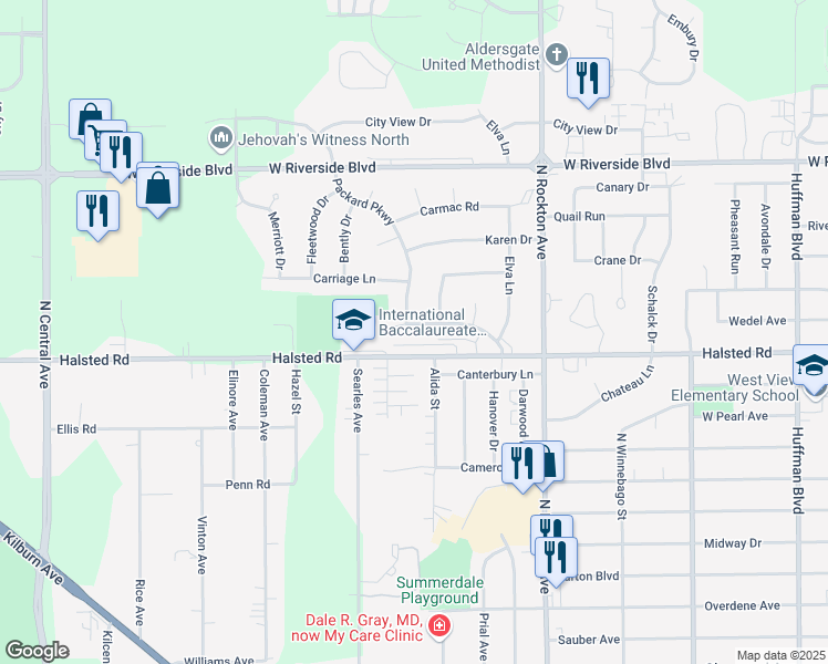 map of restaurants, bars, coffee shops, grocery stores, and more near 2904 Conklin Drive in Rockford