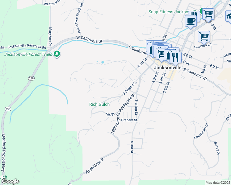 map of restaurants, bars, coffee shops, grocery stores, and more near 710 South Oregon Street in Jacksonville