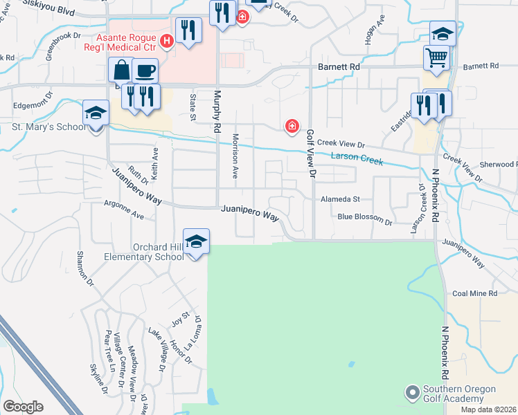 map of restaurants, bars, coffee shops, grocery stores, and more near 3100 Juanipero Way in Medford