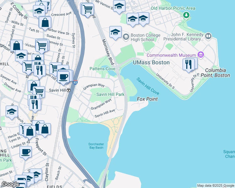 map of restaurants, bars, coffee shops, grocery stores, and more near 243A Savin Hill Avenue in Boston