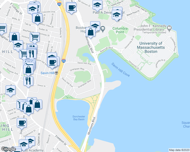 map of restaurants, bars, coffee shops, grocery stores, and more near 252 Savin Hill Avenue in Boston
