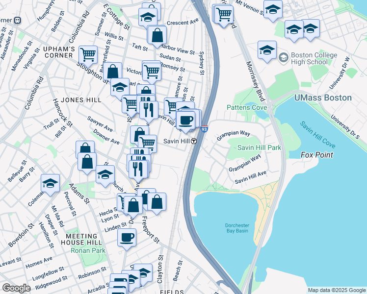 map of restaurants, bars, coffee shops, grocery stores, and more near 125 Savin Hill Avenue in Boston