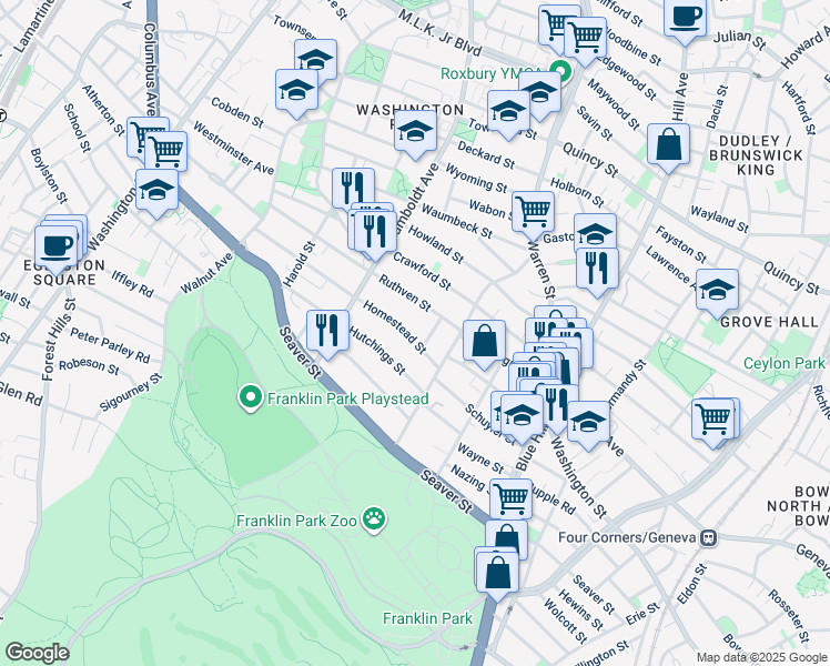 map of restaurants, bars, coffee shops, grocery stores, and more near 157 Homestead Street in Boston