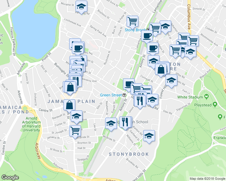 map of restaurants, bars, coffee shops, grocery stores, and more near 2 Everett Street in Boston