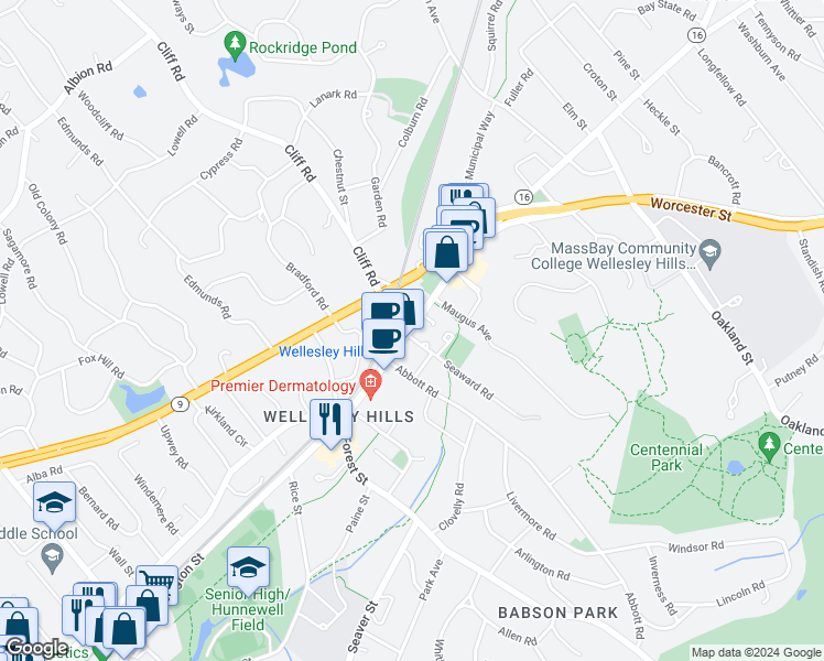 map of restaurants, bars, coffee shops, grocery stores, and more near 5 Seaward Road in Wellesley