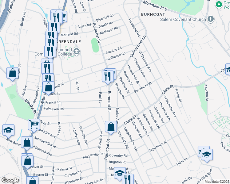 map of restaurants, bars, coffee shops, grocery stores, and more near 73 Eunice Avenue in Worcester