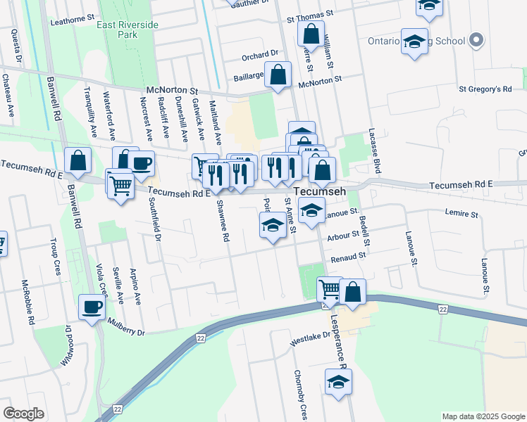 map of restaurants, bars, coffee shops, grocery stores, and more near in Windsor