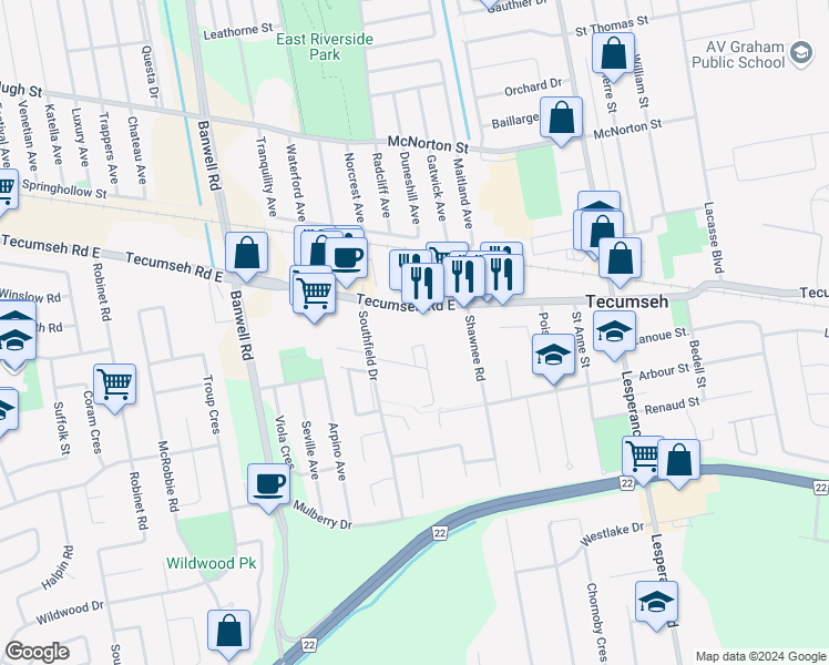 map of restaurants, bars, coffee shops, grocery stores, and more near 11873 Tecumseh Road East in Windsor