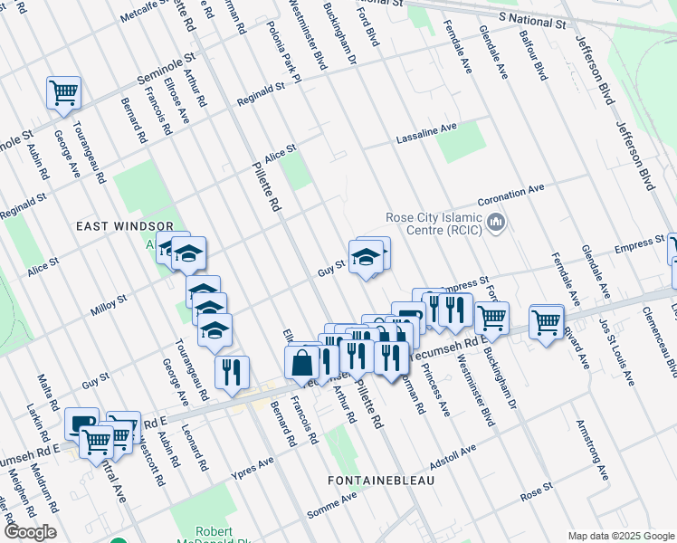 map of restaurants, bars, coffee shops, grocery stores, and more near 1908 Pillette Road in Windsor