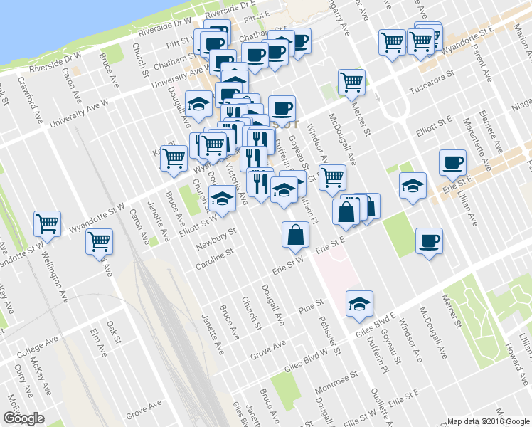 map of restaurants, bars, coffee shops, grocery stores, and more near in Windsor