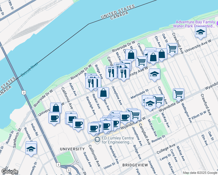 map of restaurants, bars, coffee shops, grocery stores, and more near 319 Bridge Avenue in Windsor