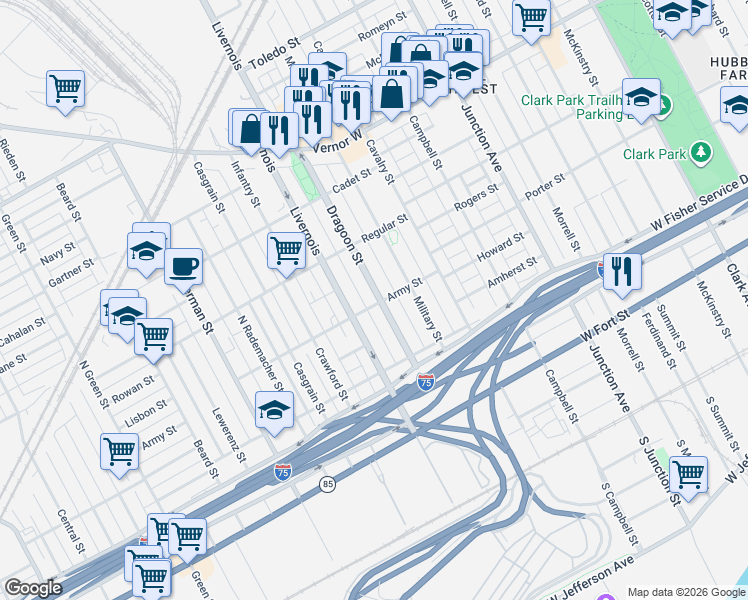 map of restaurants, bars, coffee shops, grocery stores, and more near 1112 Dragoon Street in Detroit