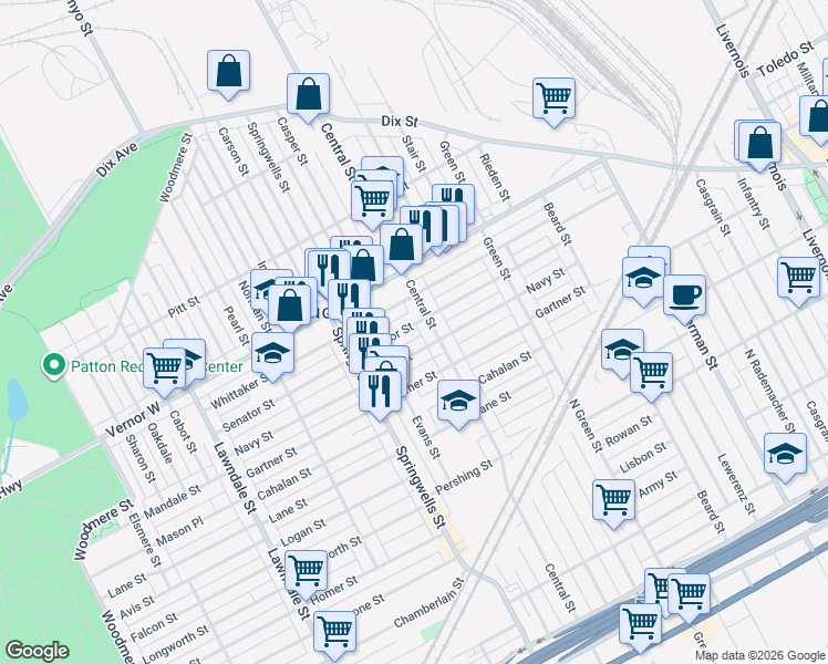 map of restaurants, bars, coffee shops, grocery stores, and more near 7754 Navy Street in Detroit