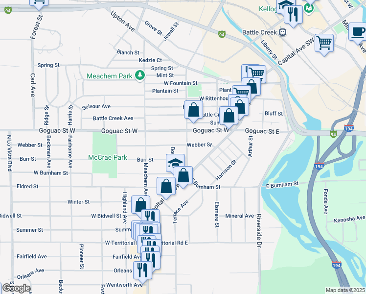 map of restaurants, bars, coffee shops, grocery stores, and more near 49 Boulder Street in Battle Creek