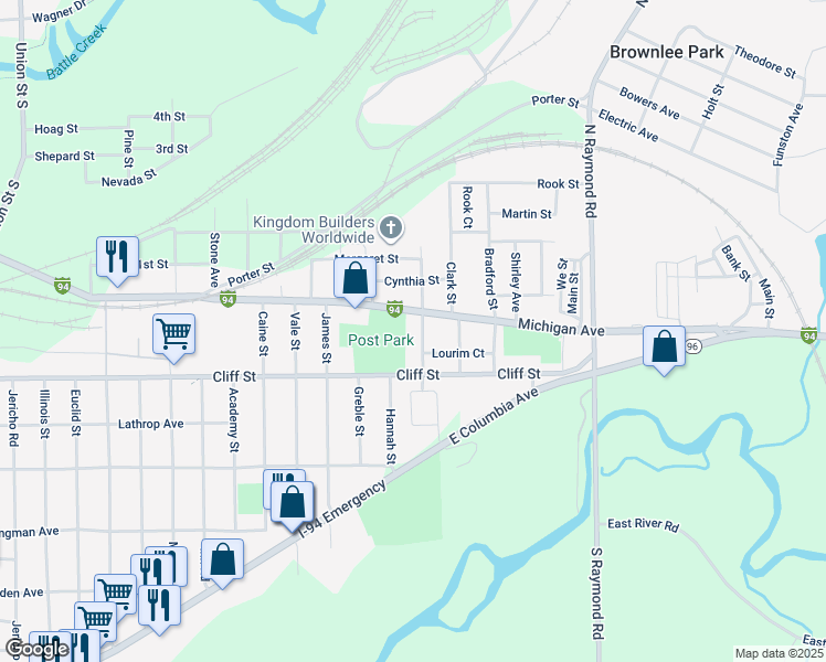 map of restaurants, bars, coffee shops, grocery stores, and more near 14 South Burdge Street in Battle Creek