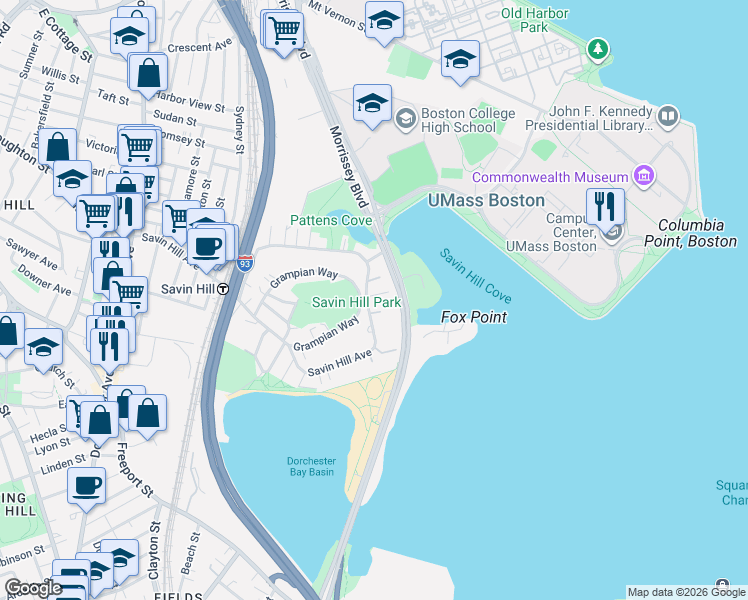 map of restaurants, bars, coffee shops, grocery stores, and more near 252 Savin Hill Avenue in Boston