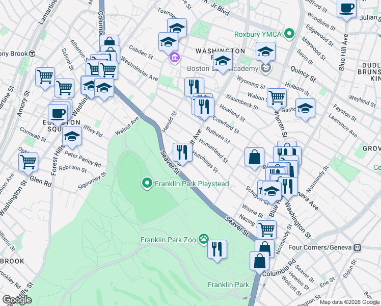 map of restaurants, bars, coffee shops, grocery stores, and more near 78R Hutchings Street in Boston