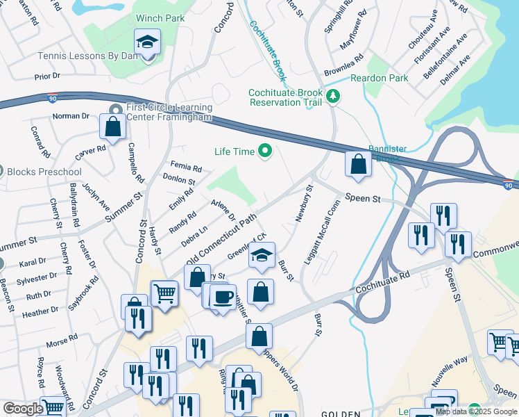 map of restaurants, bars, coffee shops, grocery stores, and more near 438 Old Connecticut Path in Framingham