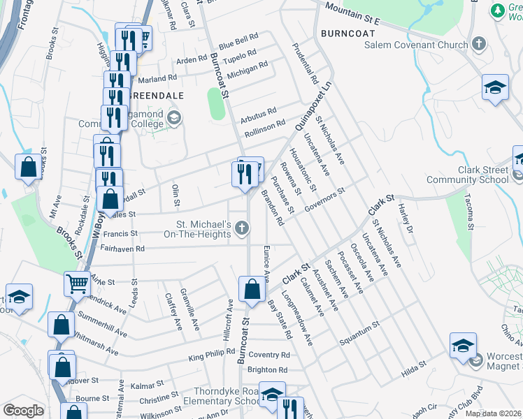 map of restaurants, bars, coffee shops, grocery stores, and more near 73 Eunice Avenue in Worcester