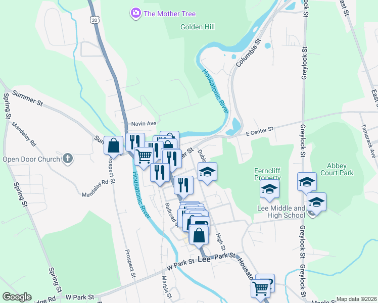 map of restaurants, bars, coffee shops, grocery stores, and more near 119 East Center Street in Lee
