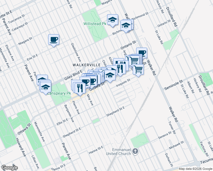 map of restaurants, bars, coffee shops, grocery stores, and more near 1334 Lincoln Road in Windsor