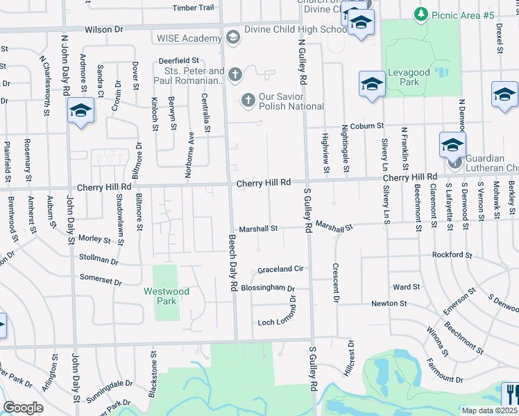 map of restaurants, bars, coffee shops, grocery stores, and more near 242 South Evangeline Street in Dearborn Heights