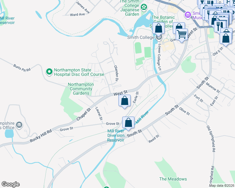 map of restaurants, bars, coffee shops, grocery stores, and more near 77 Musante Drive in Northampton