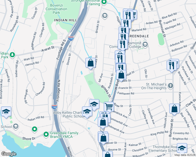 map of restaurants, bars, coffee shops, grocery stores, and more near 3 Mount Avenue in Worcester
