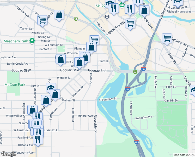 map of restaurants, bars, coffee shops, grocery stores, and more near 70 Goguac Street East in Battle Creek