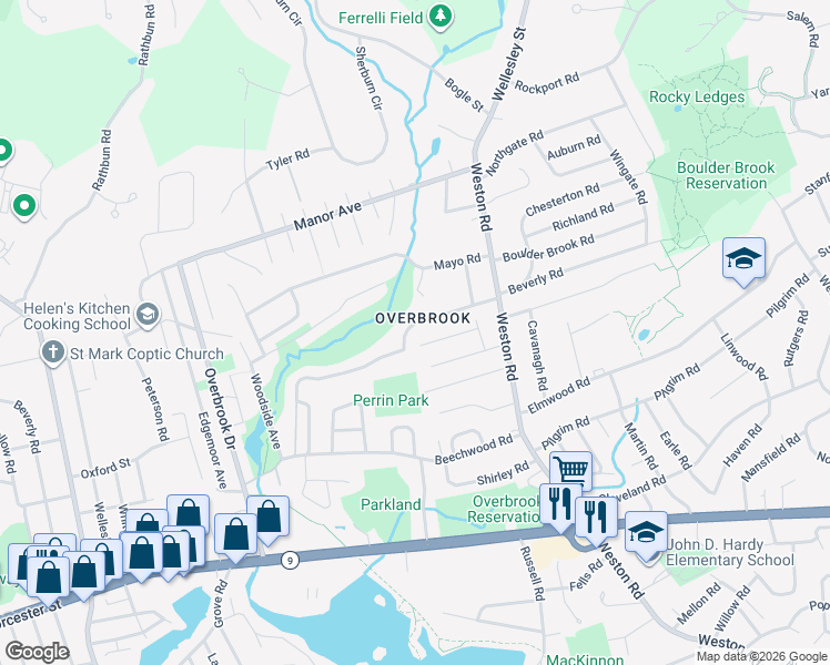 map of restaurants, bars, coffee shops, grocery stores, and more near 20 Durant Road in Wellesley