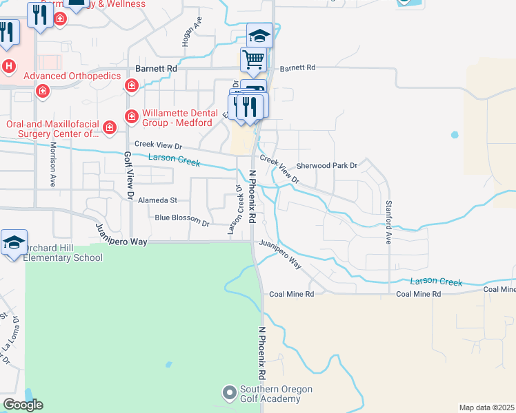 map of restaurants, bars, coffee shops, grocery stores, and more near 1413 Larson Creek Drive in Medford