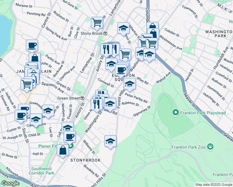 map of restaurants, bars, coffee shops, grocery stores, and more near 5 Sylvia Street in Boston