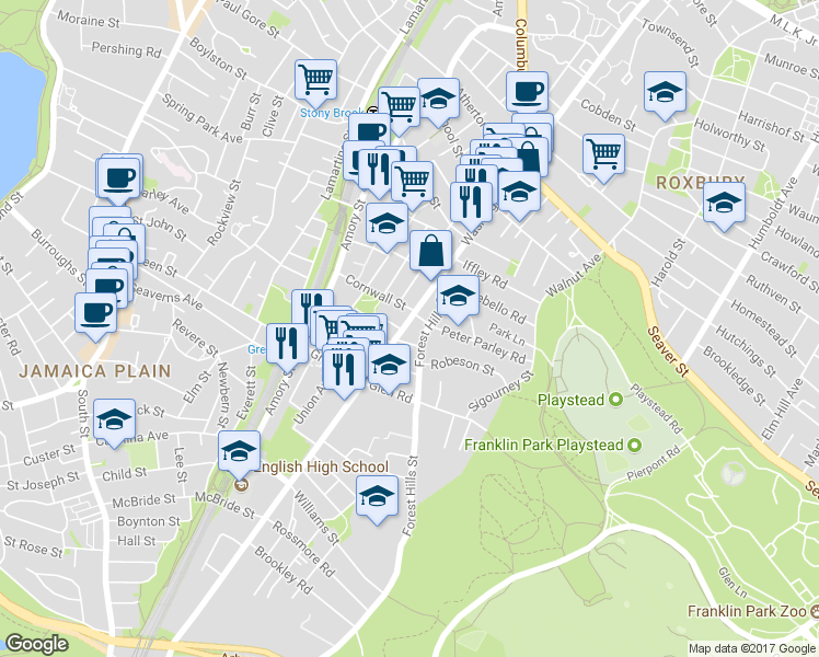 map of restaurants, bars, coffee shops, grocery stores, and more near 5 Sylvia Street in Boston