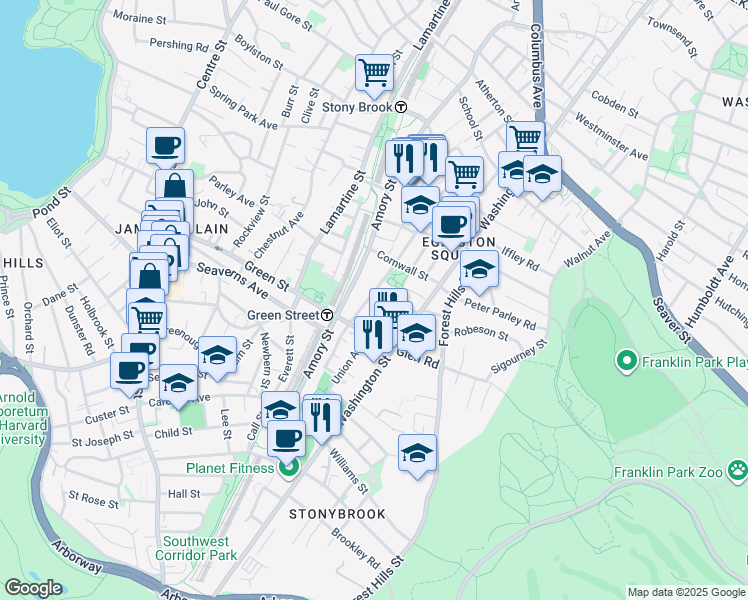 map of restaurants, bars, coffee shops, grocery stores, and more near 128 Brookside Avenue in Boston