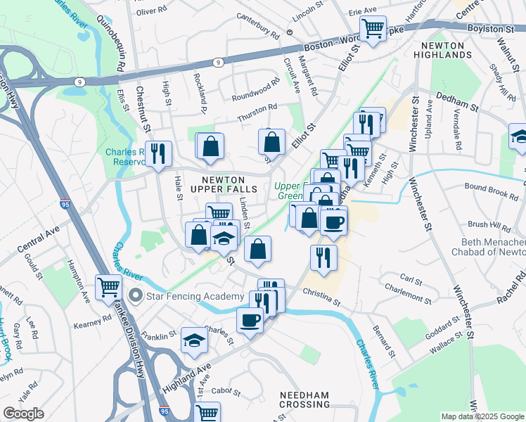 map of restaurants, bars, coffee shops, grocery stores, and more near 70 Linden Street in Newton