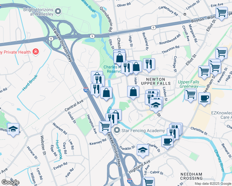 map of restaurants, bars, coffee shops, grocery stores, and more near 41 Keefe Avenue in Newton