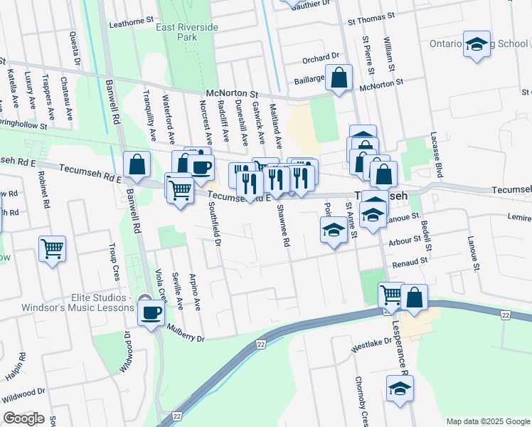 map of restaurants, bars, coffee shops, grocery stores, and more near 11961 Tecumseh Road East in Windsor