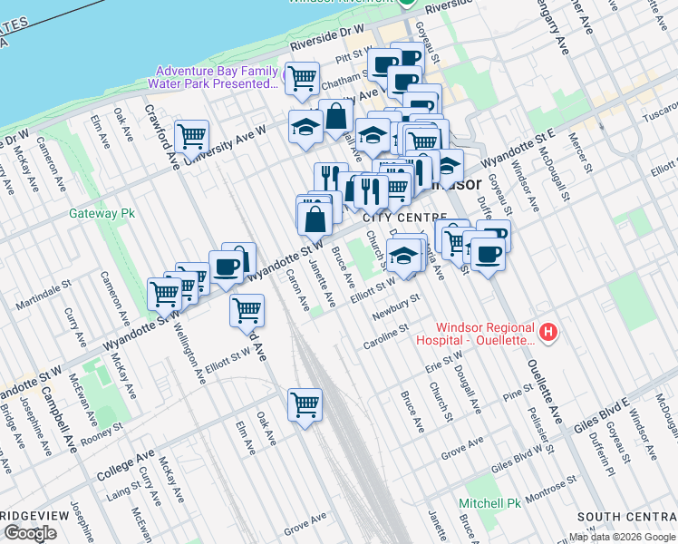 map of restaurants, bars, coffee shops, grocery stores, and more near 753 Bruce Avenue in Windsor