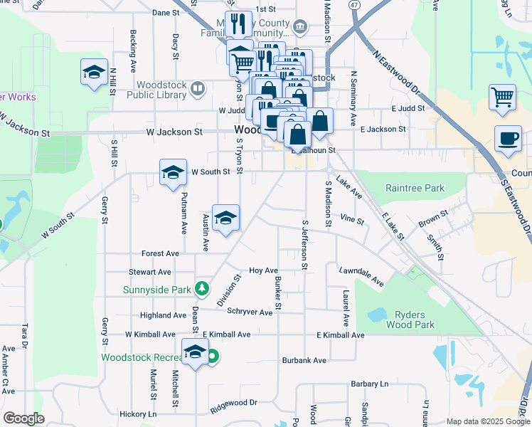 map of restaurants, bars, coffee shops, grocery stores, and more near 509 Dean Street in Woodstock