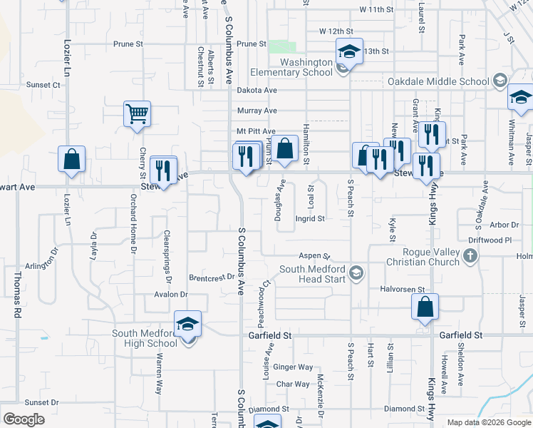 map of restaurants, bars, coffee shops, grocery stores, and more near 1379 Clearwater Drive in Medford