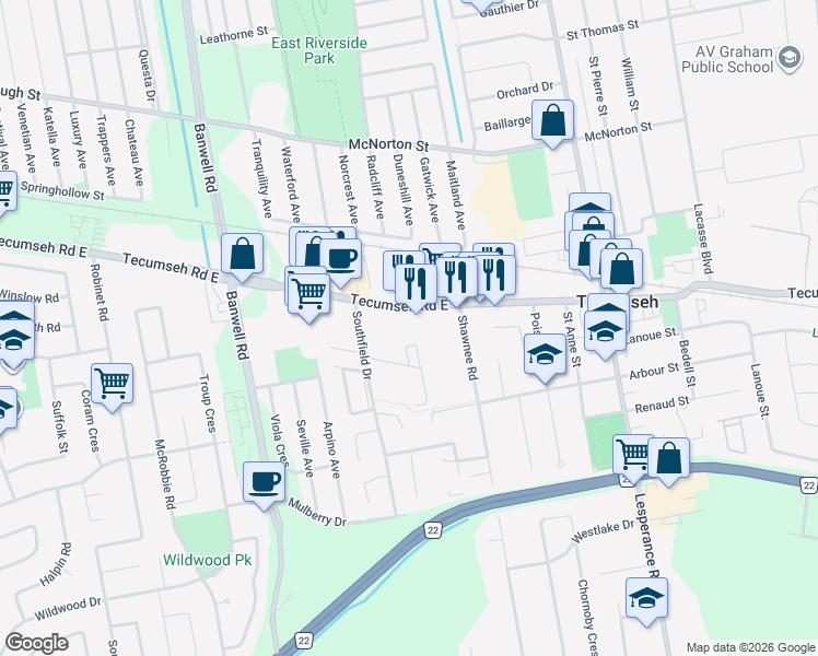 map of restaurants, bars, coffee shops, grocery stores, and more near 11917 Tecumseh Road East in Windsor