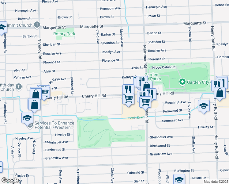 map of restaurants, bars, coffee shops, grocery stores, and more near 31750 Cherry Hill Road in Garden City