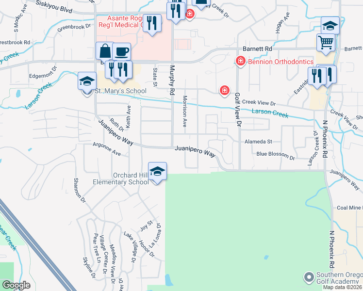 map of restaurants, bars, coffee shops, grocery stores, and more near 2915 Juanipero Way in Medford