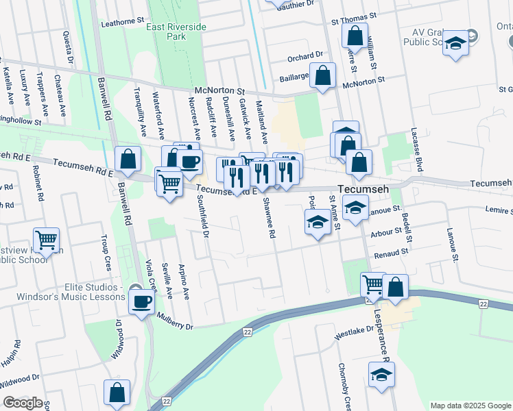 map of restaurants, bars, coffee shops, grocery stores, and more near 11961 Tecumseh Road East in Windsor