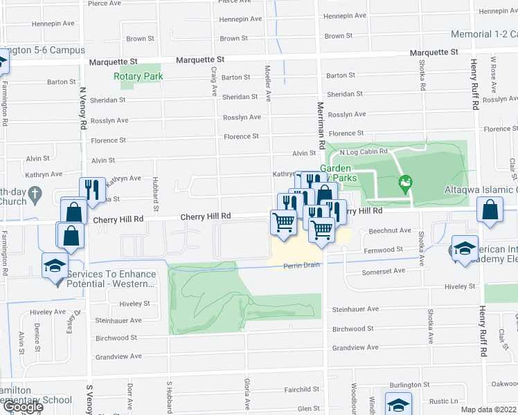 map of restaurants, bars, coffee shops, grocery stores, and more near 31750 Cherry Hill Road in Garden City